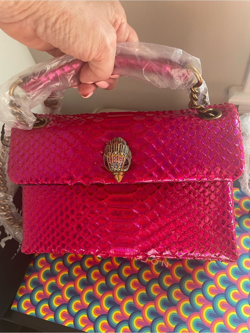 Kurt Geiger fuchsia Kensington Satchel with Gold-Tone Clasp NWT
